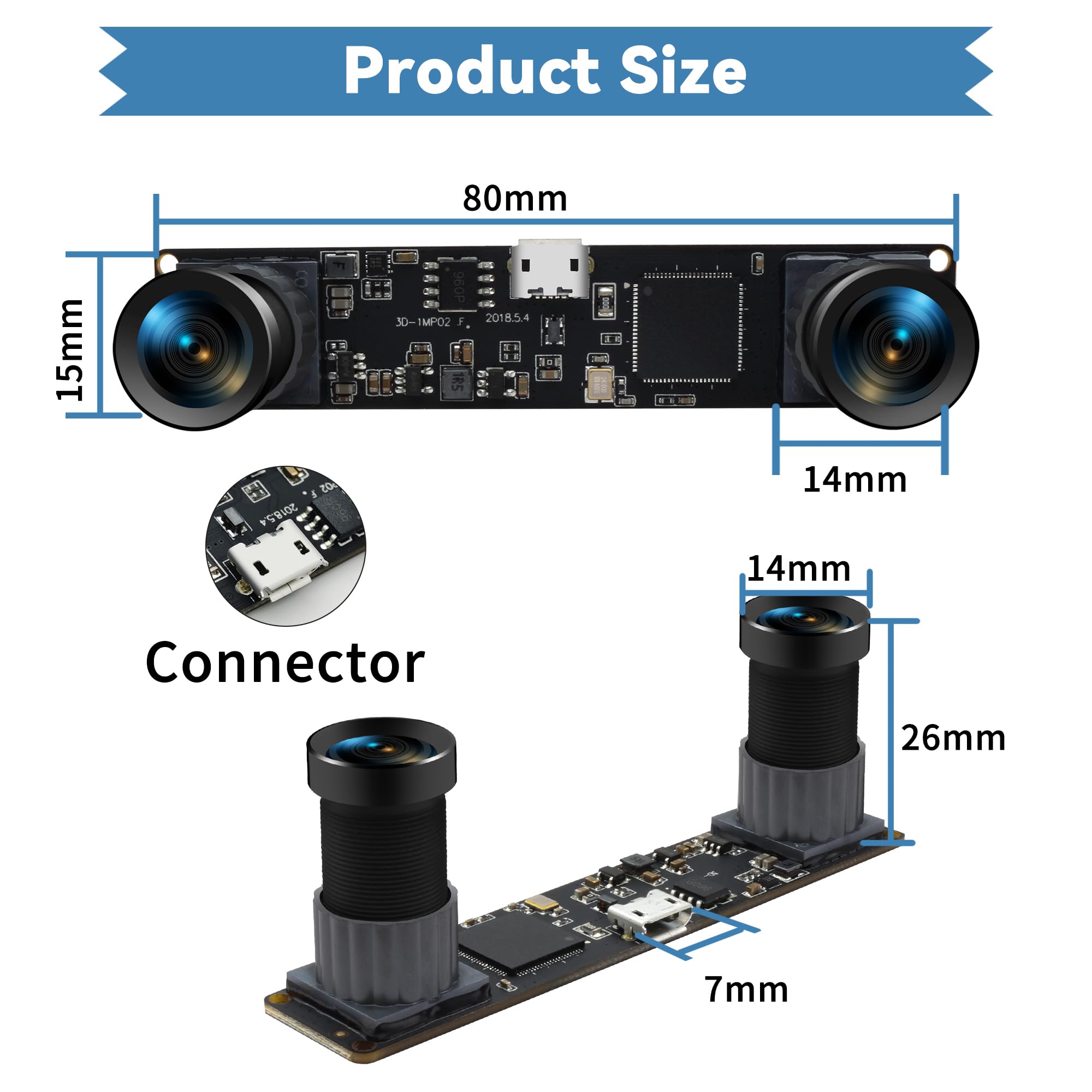 Hotpet Synchronous Dual Lens Stereo USB Camera Module, 960P 60FPS