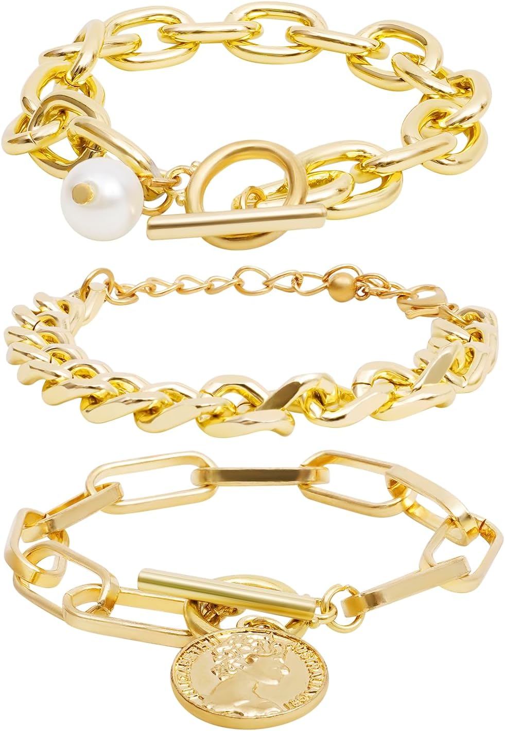 Gold Chunky Chain Bracelet for Women Charm Boho Bracelet for Women Flat Cable Chunky Chain Bangle Set of 4