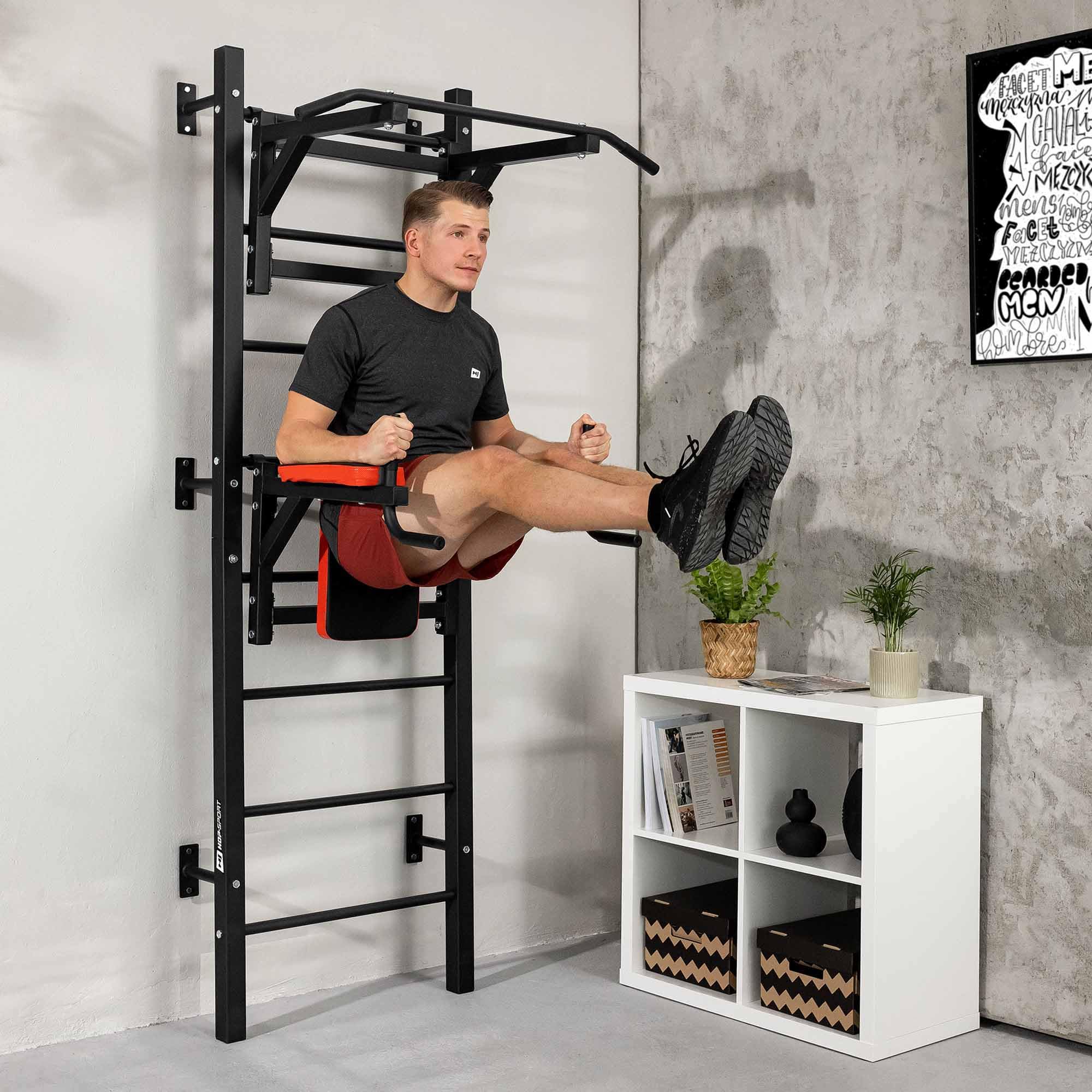 Hop-Sport Sprossenwand mit Klimmzugstange, Dip Station & Sit-Up-Bank | Wand Kraftstation für Zuhause | Calisthenics & Krafttraining | Max. Belastung 150 kg