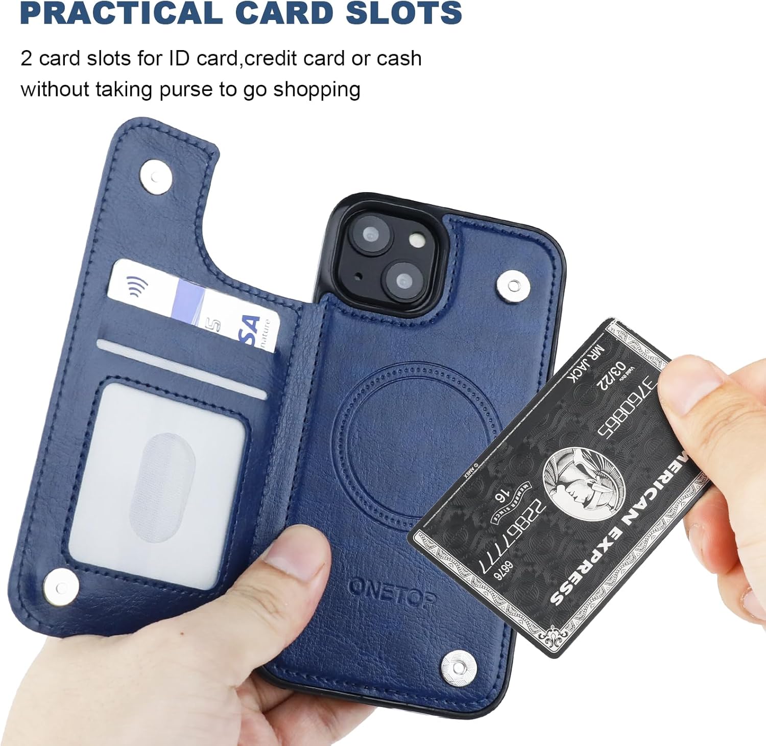 ONETOP Compatible with Magsafe for iPhone 13 Wallet Case with Card Holder, PU Leather Kickstand RFID Blocking Case, Double Magnetic Clasp and Durable Shockproof Cover 6.1 Inch (Blue) - Image 4