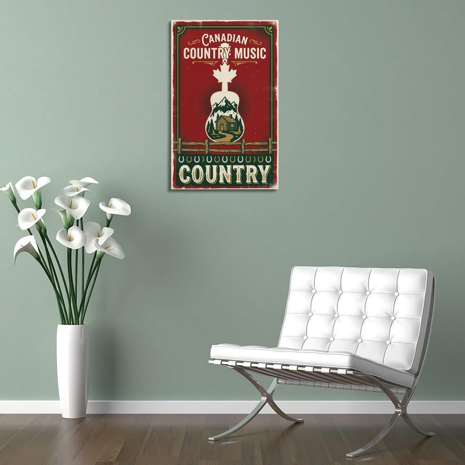 XKUGA Poster con stampa su tela, stile retrò, motivo: foglia d'acero e chitarra, musica country canadese, moderna, decorativa, decorazione artistica da parete per famiglia, grotta degli uomini, sala
