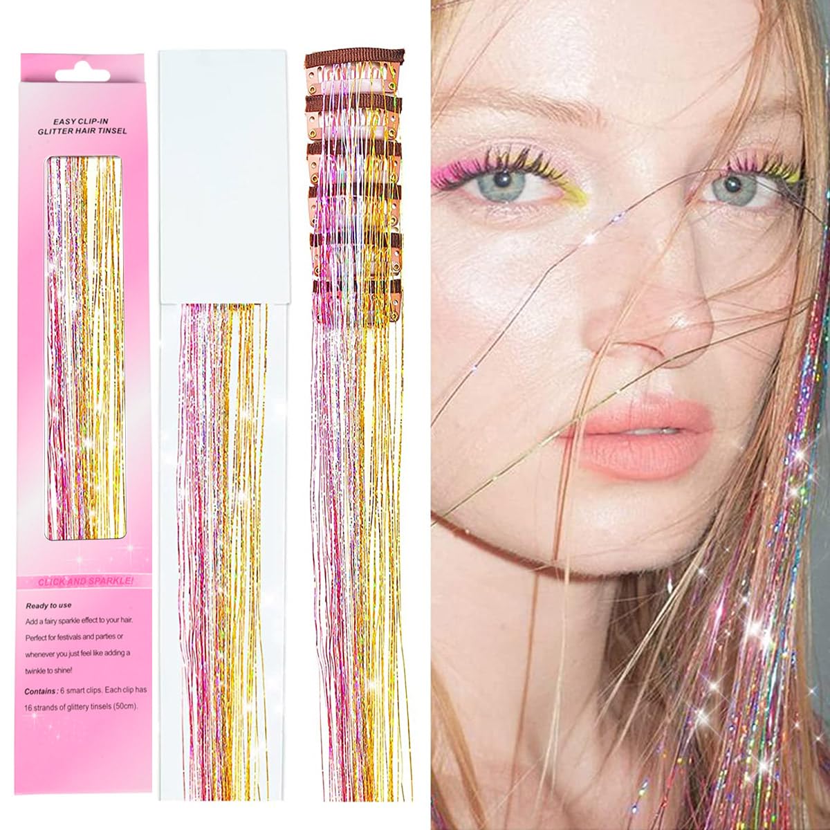 Clip in Hair Tinsel Kit Pack of 6 Pcs 19.6 Inch Heat Resistant Glitter Tinsel Hair Extension With Clips on Festival Gift Tinsel Fairy Hair Extension for Women Girls Kids (GOLD)
