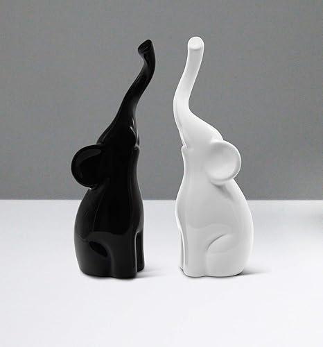Miniatura 3 de Amante par de elefantes en blanco y negro – Escultura de cerámica moderna como un conjunto – Figura de decoración de 10.2 pulgadas de alto – Figura