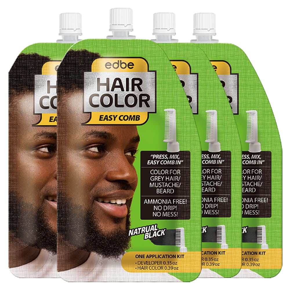 Edbe Hair Color Easy Comb Natural Black (4 Pack) – Grey Hair, Mustache, and Beard Coloring for Men with One Application Kit