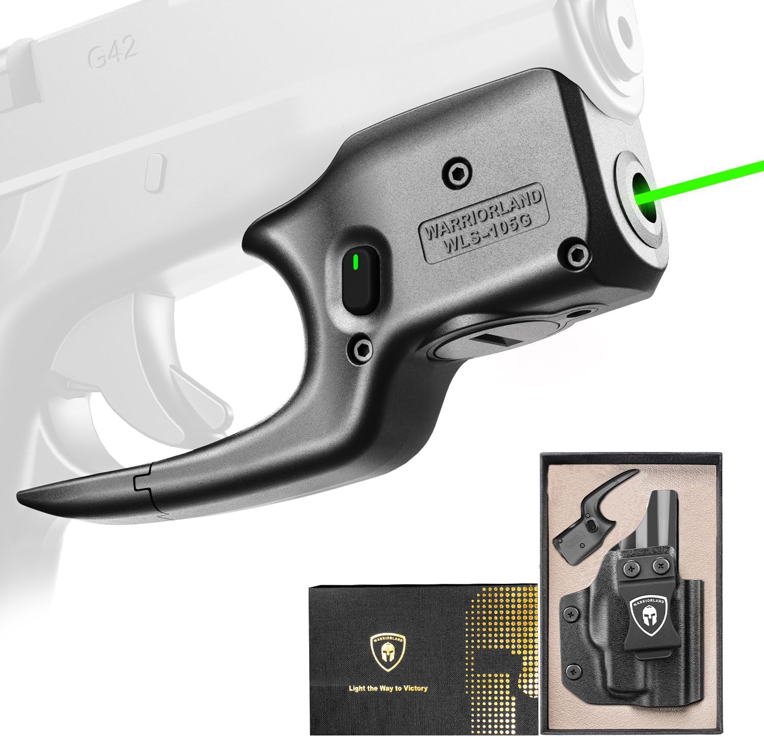 WARRIORLAND Trigger Laser Sight Fit for Glock 42 with Kydex Holster, First Laser Light with Power Indicator & Right-Hand IWB Conceal Carry Holster with Optics Cut, WLS-105 w/ G42 Holster