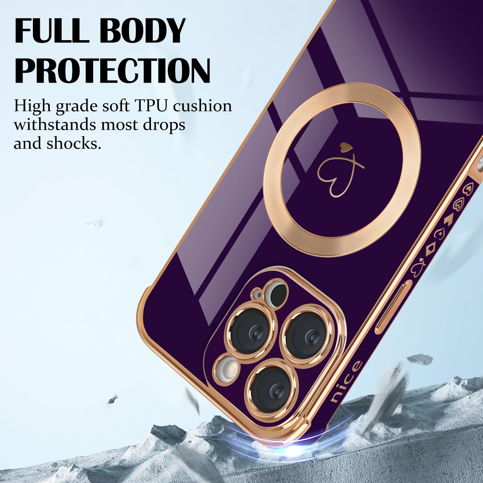 Newseego Custodia Magnetica per iPhone 16 Pro Max [Compatibile con Magsafe], Carino Cuore Ragazze Donne Morbido TPU Antiurto Fotocamera Copertura di Protezione per iPhone 16 Pro Max-Viola Scuro - Vista 3