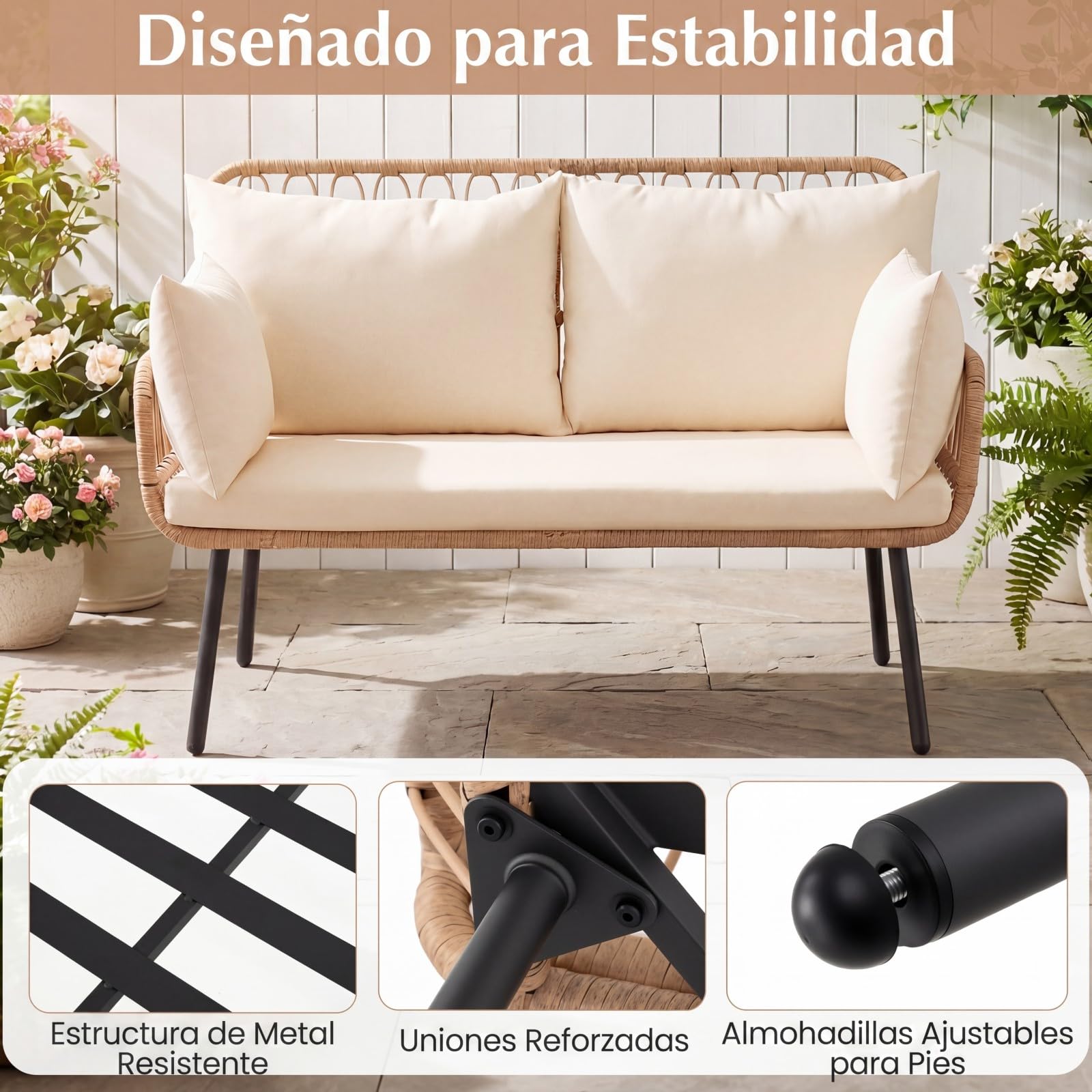 COSTWAY Sofá de 2 Plazas de Exterior, Sillón de Ratán PE para 2 Personas con Cojines, Almohadas y Estructura Metálica, Silla Banco de Jardín para Patio Porche Piscina, Carga 300 kg, 118 x 62 x 81 cm
