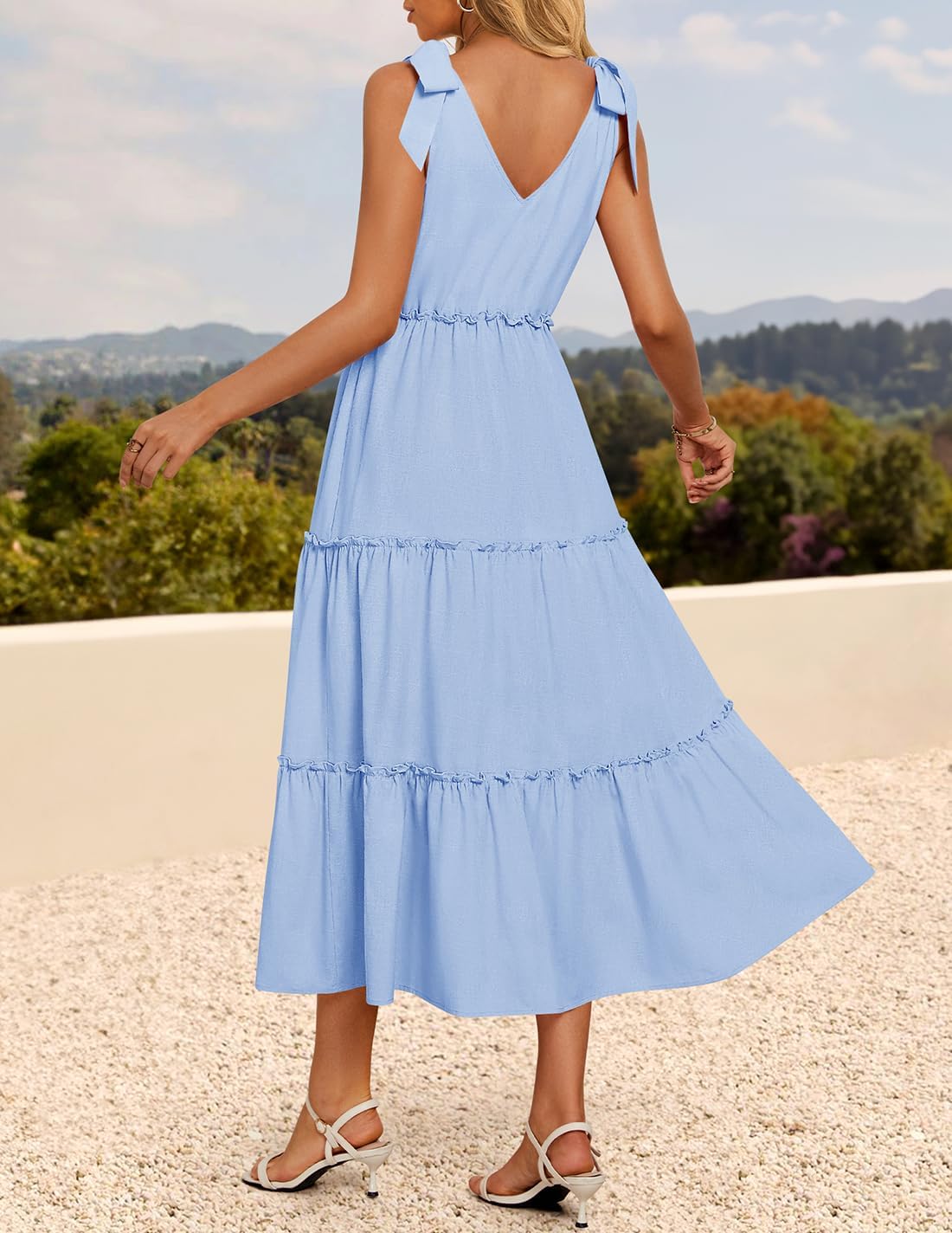 ZESICA Women's 2026 Summer Boho Sleeveless Midi Dresses Casual V Neck Spaghetti Strap Flowy A Line Tiered Beach Long Sundress - Image 4