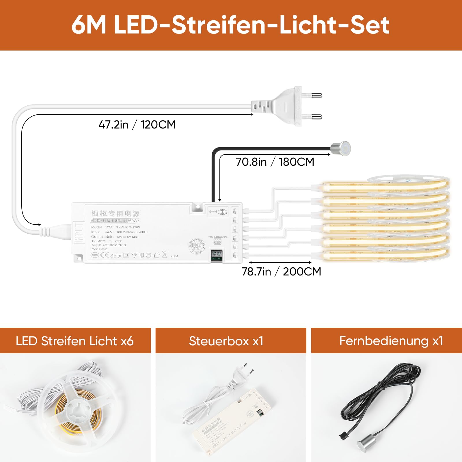 Schrankbeleuchtung Set, COB LED Strip 2 m 6 Rollen, Warmweiß Dimmbar mit Touch-Schalter, Kürzbar, Geeignet für Vitrinen, Weinschränke, Ausstellungsvitrinen und Küchen