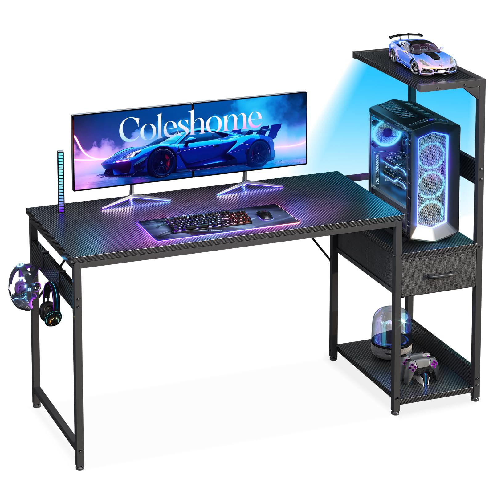 Coleshome 138×48 cm Gaming Desk with LED Lights, Reversible Computer Desk with Drawers & Display Shelves, Gaming Table with Headphone Hook, Carbon Fiber Black
