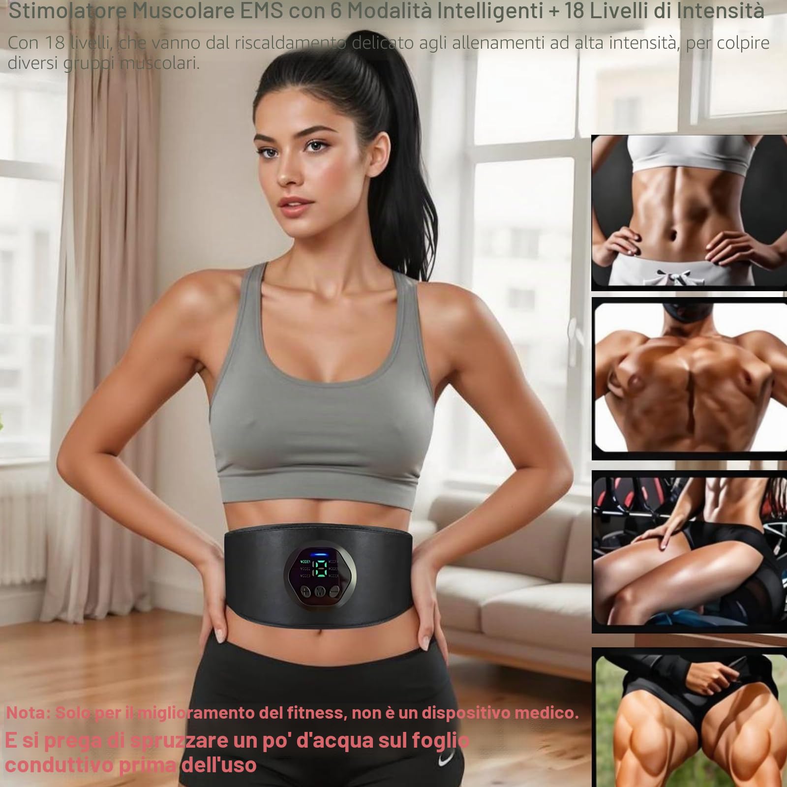 EMS - Stimolatore Muscolare per l'allenamento degli Addominali e Perdita di Peso – 6 Modalità, 18 Livelli, Stimolatore Addominale Lungo 109 cm Regolabile, Ricaricabile tramite USB, Dispositivo Fitness