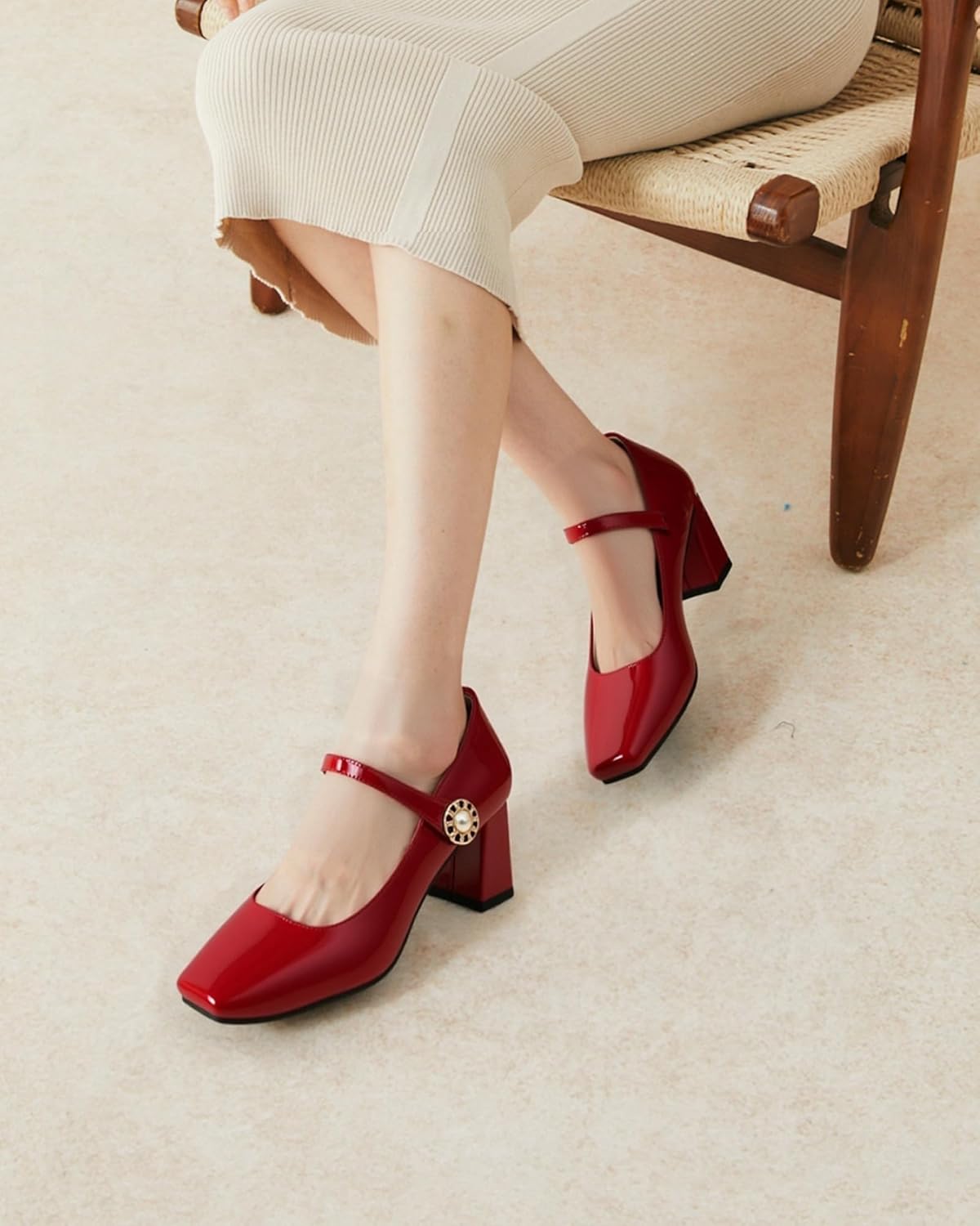 NEWBELLA Women's Patent Leather Mary Janes - Glossy Square Toe Pumps with Chunky Heel & Buckle Strap, Retro Dress Shoes for Work & Formal Events - Image 7