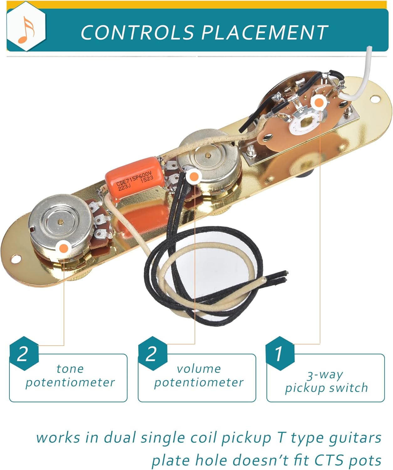 Fully Loaded Guitar Control Plate, Prewired 3-way Blade Switch Large Potentiometers Orange Capacitor, Knurled Volume Tone Controls System Fit for Guitars with Single Coil Pickups, Gold