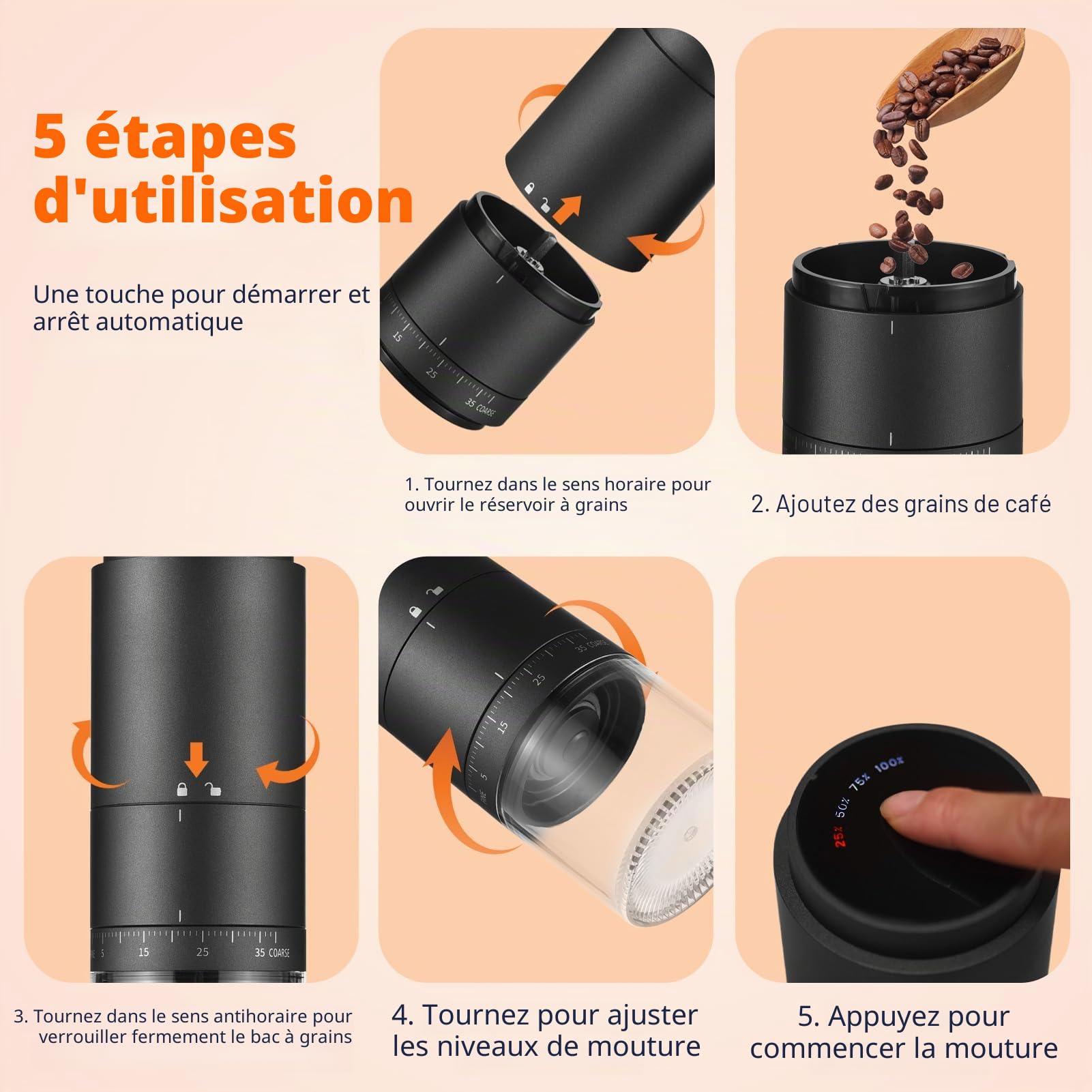 Moulin à grains de café avec 38 réglages de broyage, affichage numérique de la puissance, fraise conique en céramique à 5 lames, démarrage à un bouton et arrêt automatique, machine à expresso