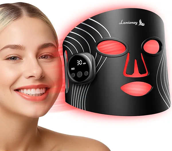 Red Light Therapy Mask for Face, Wireless LED Face Mask Light Therapy with Near-Infrared Light, 4 Modes Rechargeable and Adjustable Timer Design with Digital Display for Home Skincare, Dark Black