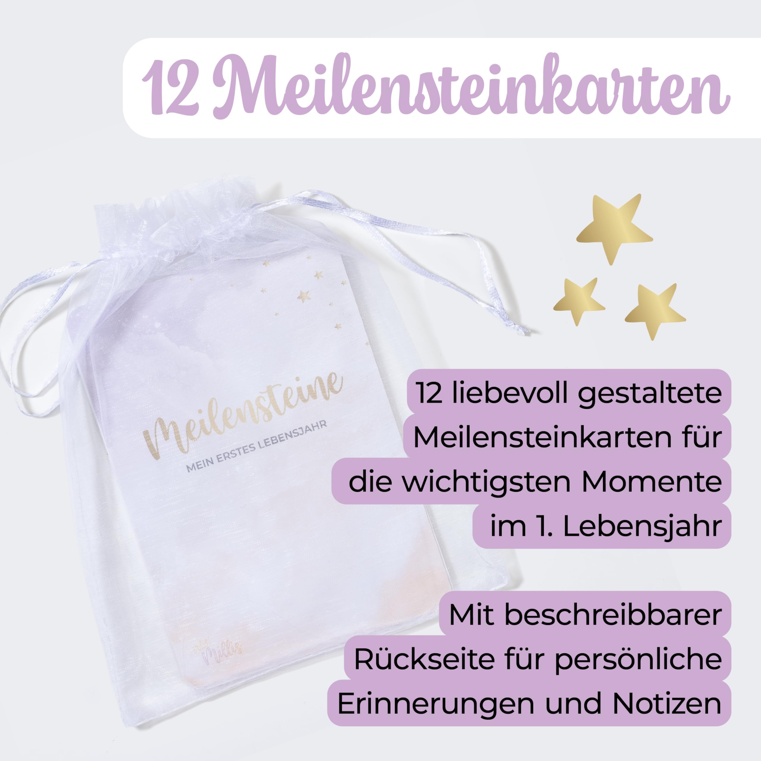 Millis Coffret cadeau bébé 8 pièces avec produits | Cartes de jalons, lingettes humides en bambou Millis & lingettes magiques Millis Bavoir Album de souvenirs, livre de contes de fées, sac à langer et
