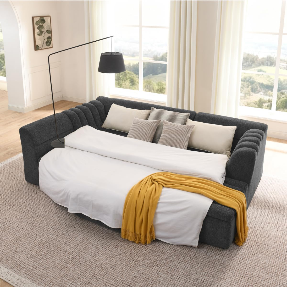 HonHey 135" U-Shaped Modular Sectional Sofa with Chaise and Movable Ottoman for Living Room, Chenille Upholstered Boneless Couches with Wave-Shaped Armrest, No Pillows Included,Black