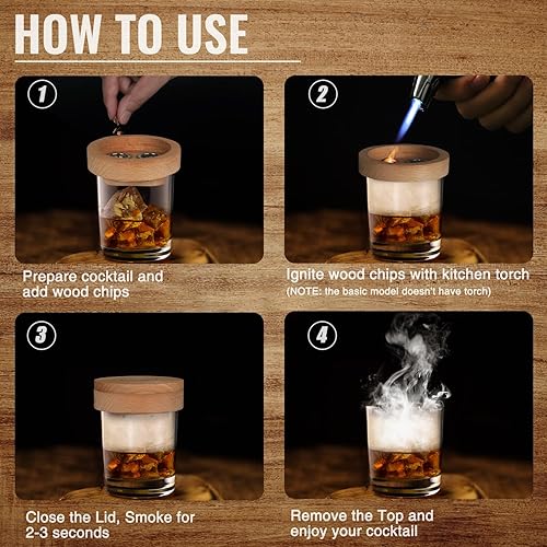 Miniatura 5 de Kit de ahumador de cóctel con antorcha, chips de madera de 4 sabores, regalos de whisky de cóctel a la antigua moda para hombres, accesorios de