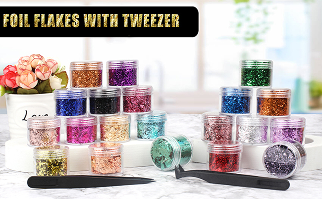 Kit 3 Flacons Feuilles D'or Multicolores - Or, Argent, Rose Or Avec Pince Pour DIY, Nail Art, Déco - 10