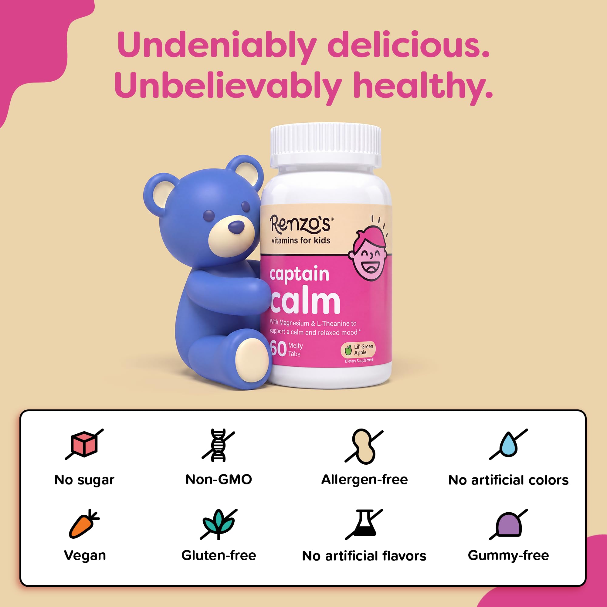 Renzo's Captain Calm Kids Magnesium Supplement with L-Theanine, Dissolvable Kids Vitamins for Relaxation and Mood Support, Sugar-Free Melty Tabs, Green Apple Flavor, 60-Count (1-2 Month Supply) — Amazon image 5