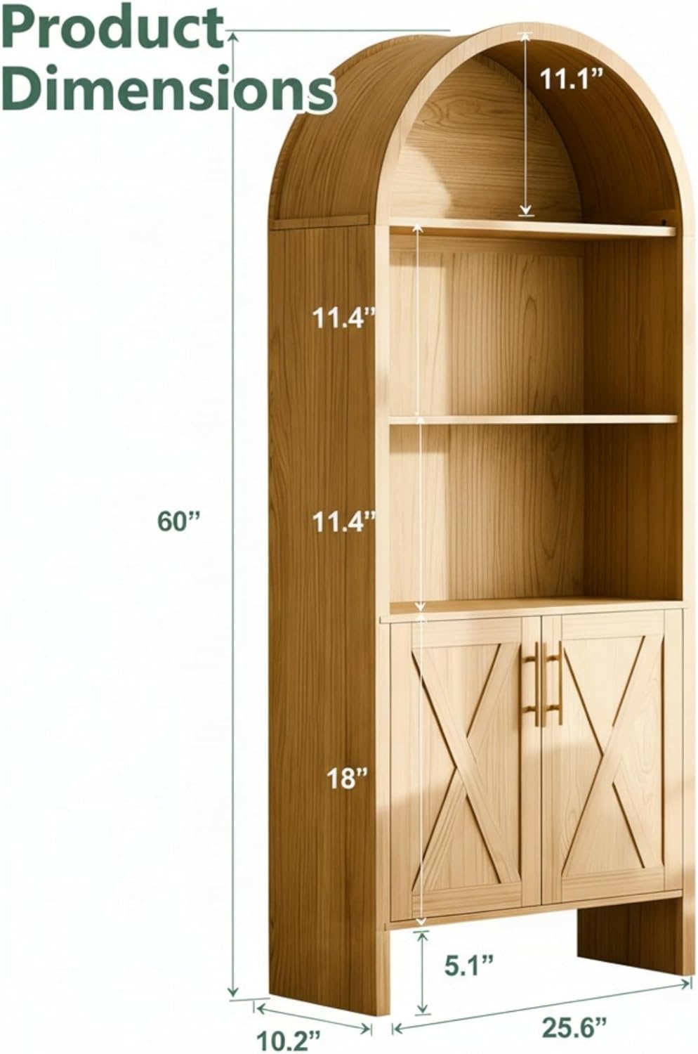 Arched Storage Bookshelf, The Original 4-Tier Bookcase with Doors, 60" Mini Farmhouse Display Bookcase Cabinet, Modern Wooden Storage for Home Office Living Room Library, Oak
