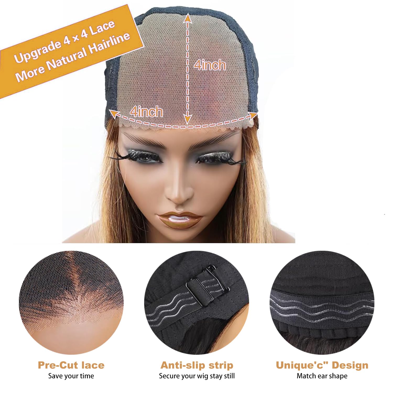 Glueless Wigs Human Hair Wear and Go 4x4 HD Lace Front Glueless Wig Human Hair 180 Density Pre Plucked Pre Cut Body Wave Lace Front Wigs for Women Blond Ombre Color P4/27 (14 inches) - Image 3