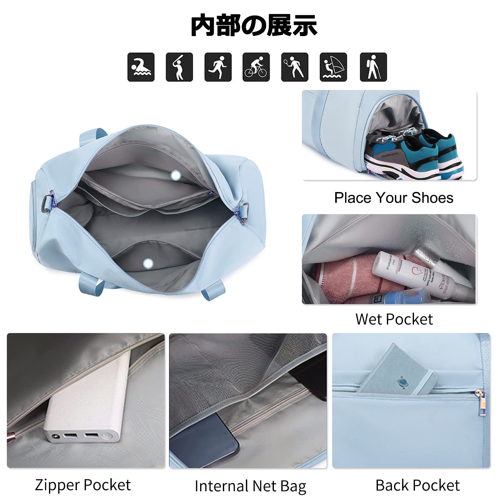 FANDARE Set 2 Pezzi Borsone da Viaggio Donna con Borsa Cosmetica - Borsoni Sportivi Uomo per Palestra, Piscina, Weekender - Tote a Spalla Azzurro