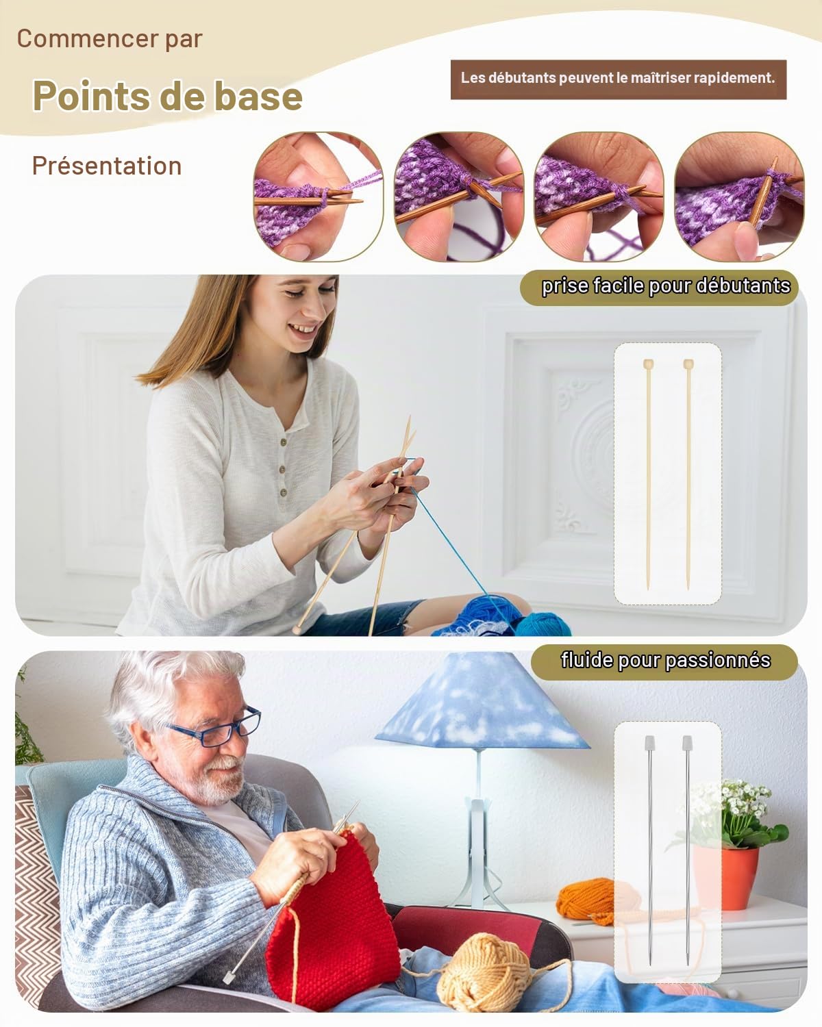 Reessy Kits de Tricot pour Débutants Adultes, Kit de Démarrage de Tricot pour Chapeaux, Écharpes, Gants pour Adultes Apprenant à Tricoter Comprenant un Livre d'instructions Étape par Étape, Aiguilles