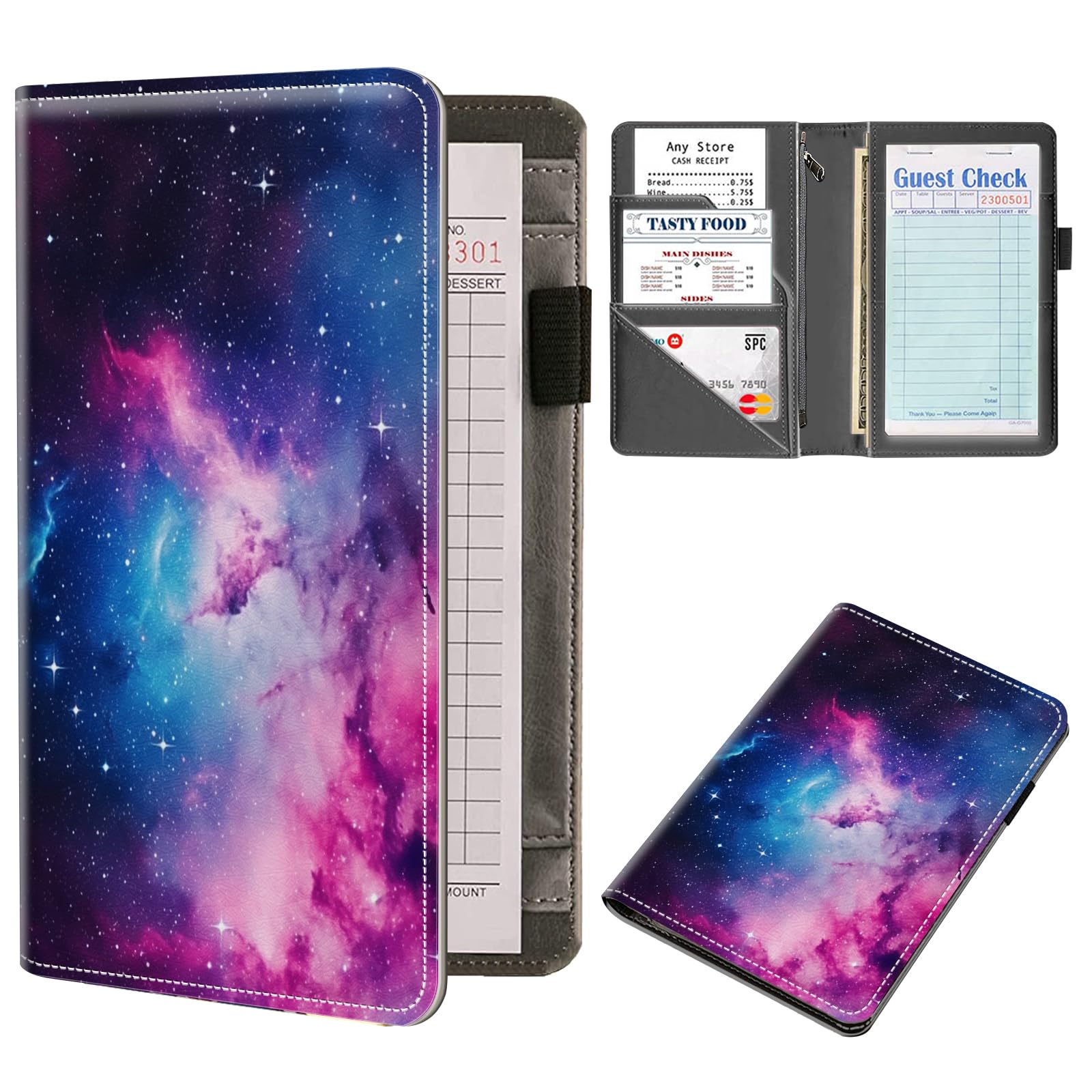 Server Book Organizer, Galaxy Starry Sky Server Books for Waitress, PU Leather Waiter Book Organizer with Zipper Pocket Guest Checks Books Holder for
