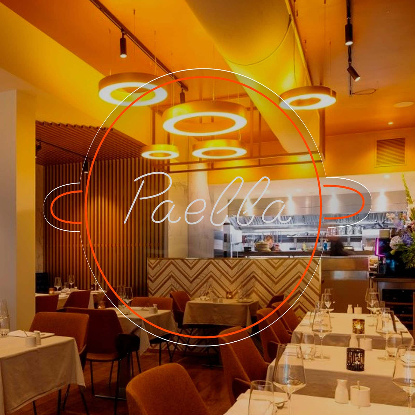 Neon Luces Pared Carteles Letrero Comida Restaurante Feliz -55cm - Personalizable - Multi modelos para elegir - Con Mando a la Distancia- Interior (Neón para Restaurante "Paella")