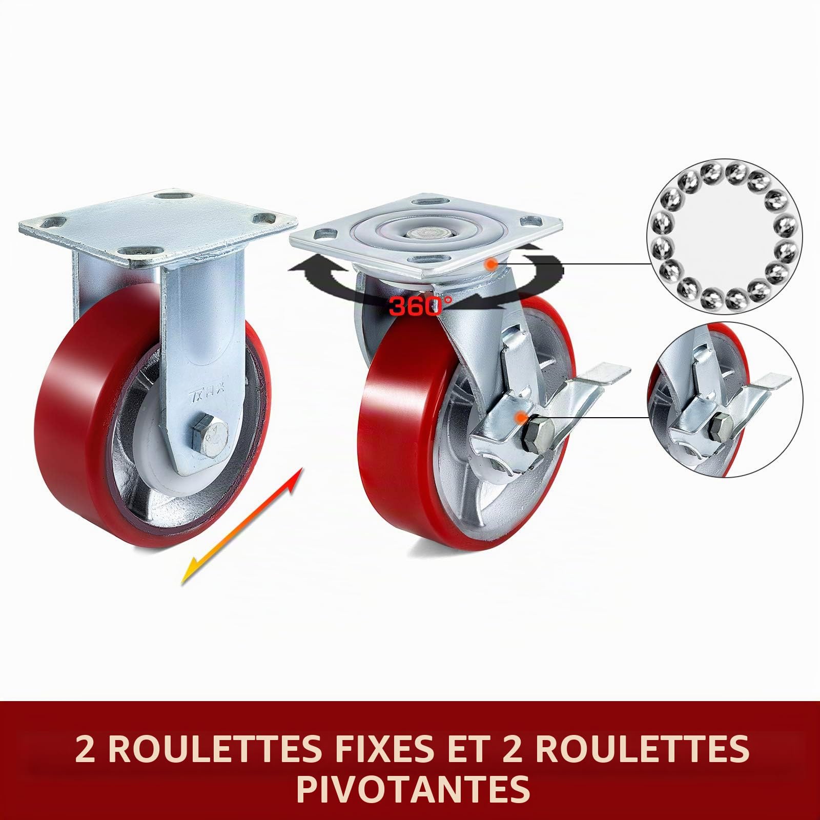 VEVOR Roulettes 15 cm Lot de 4 2 roulettes rigides et 2 roulettes pivotantes avec frein latéral, plaque de noyau en fer, polyuréthane, capacité de charge 450 kg par roue pour atelier, garage, entrepôt