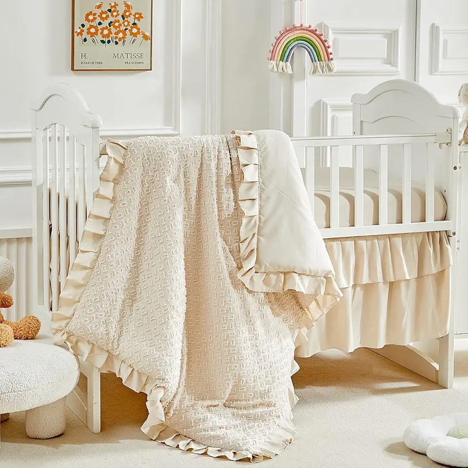 3 Pieces Tufted Crib Bedding Set with Ruffle Fringe, Beige Ruffled Comforter with Fitted Sheet and Bed Skirt, Soft and Embroidery Shabby Chic Boho Bohemian Jacquard Design for Baby Girls Boys