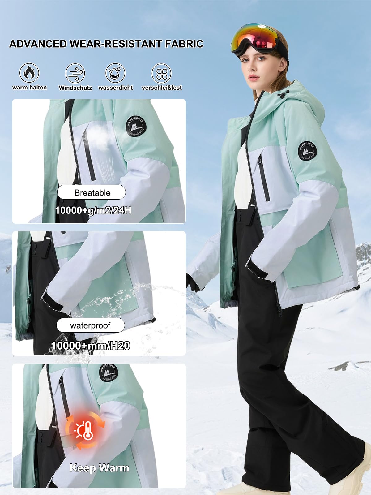 HOTIAN Conjunto de chaqueta y pantalones de esquí para mujer, 2 piezas, traje de esquí para mujer, resistente al agua, cortavientos, invierno, exterior, cálido, esquí, ropa de esquí para mujer