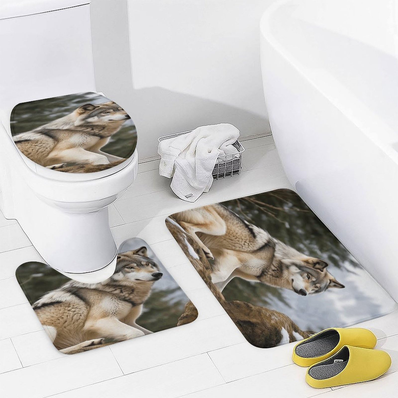 Ensemble de salle de bain 4 pièces avec rideau de douche et tapis Motif loup sauvage