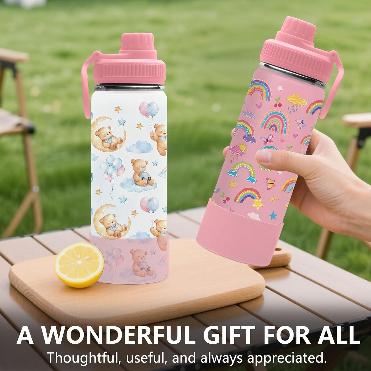 Rainbow Water Bottle for Son & Daughter, Stainless Steel Insulated Tumbler for Home with 2 Lids & Handle, Antislip Silicone Boot, 18oz Reusable Leak-proof Bottle for Sports