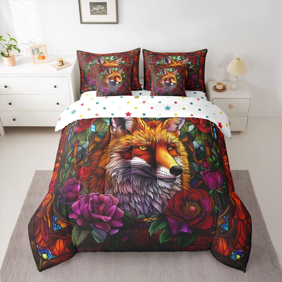 Manfei Fox Full Size Comforter,Flower Leaves Glass Art Boho Bedding Set 7 Piece,Cute Animal Abstract Decor for Boys Girls,Red Orange(Fitted+Sheet+2 Pillowcases+2 Throw Pillow Covers) image 4