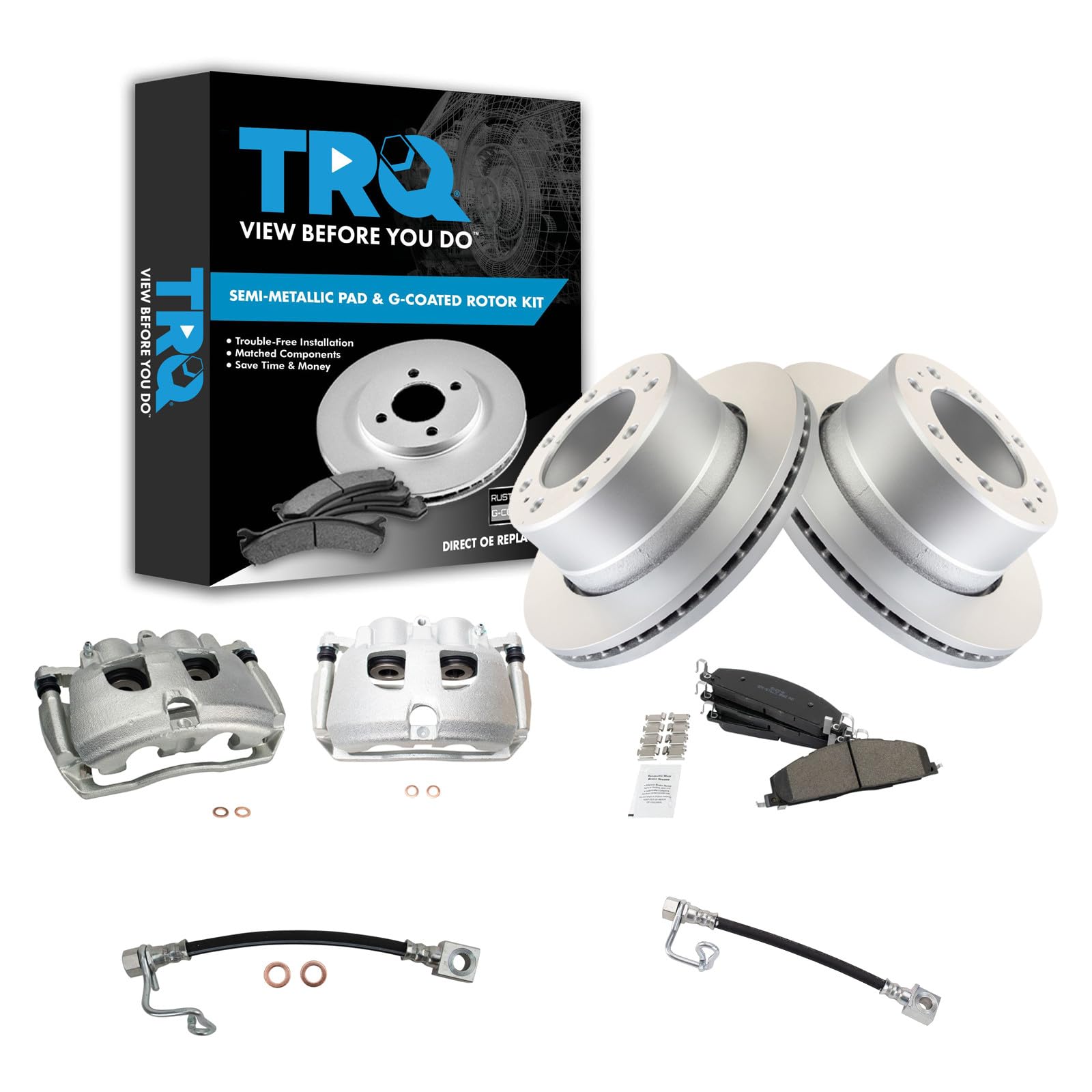 TRQ Rear Brake Pad, Caliper, Hose, &amp; Rotor Kit Semi-Metallic Premium G-Coated Compatible with 2009-2010 Dodge Ram 2500, 3500 2011-2013 Ram 2500 2011-2012 3500
