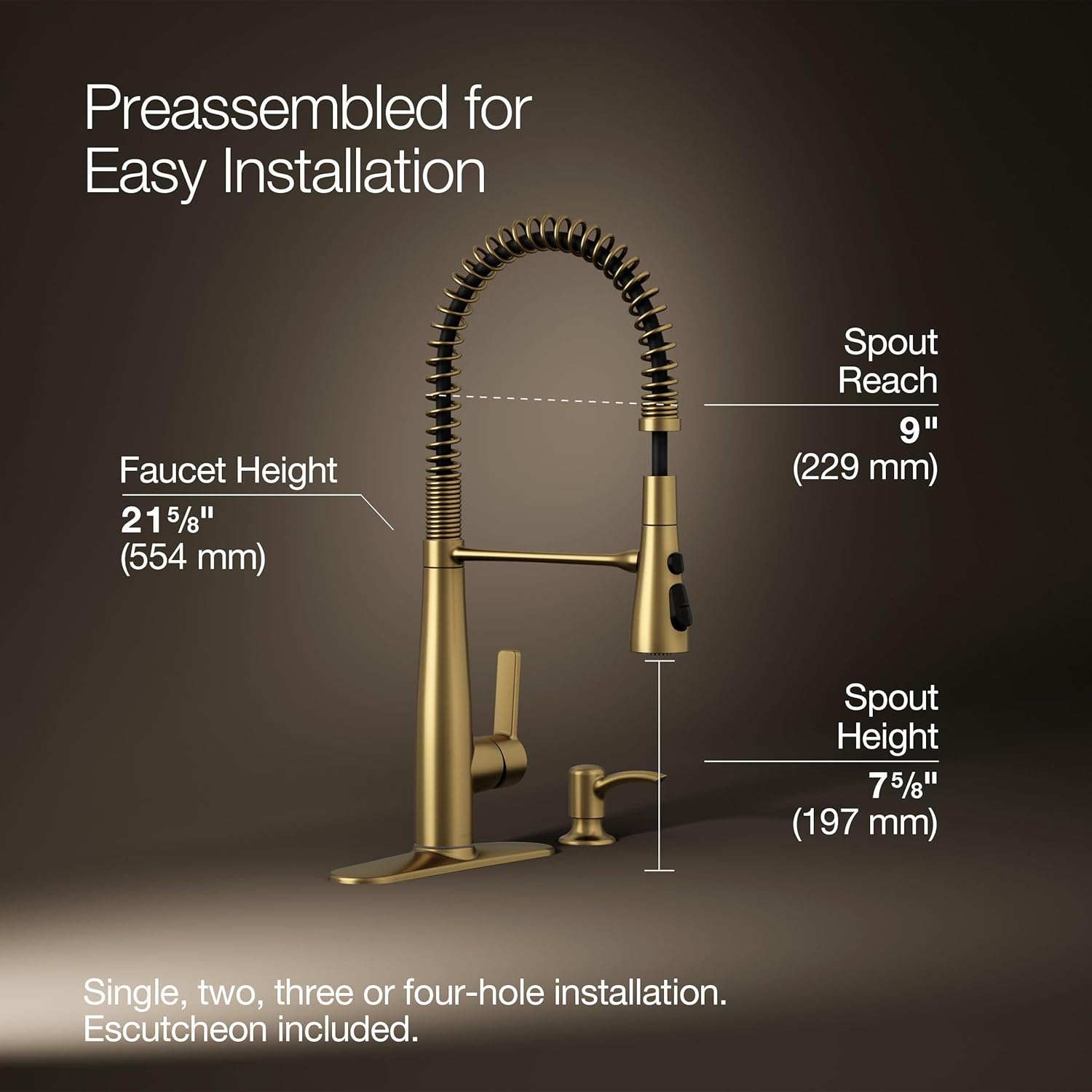 KOHLER K-REC22745-SD-2MB Semi-Professional Kitchen Sink Faucets with Soap Dispenser, Commercial Kitchen Faucets with Pull Down Sprayer, Vibrant Brushed Moderne Brass