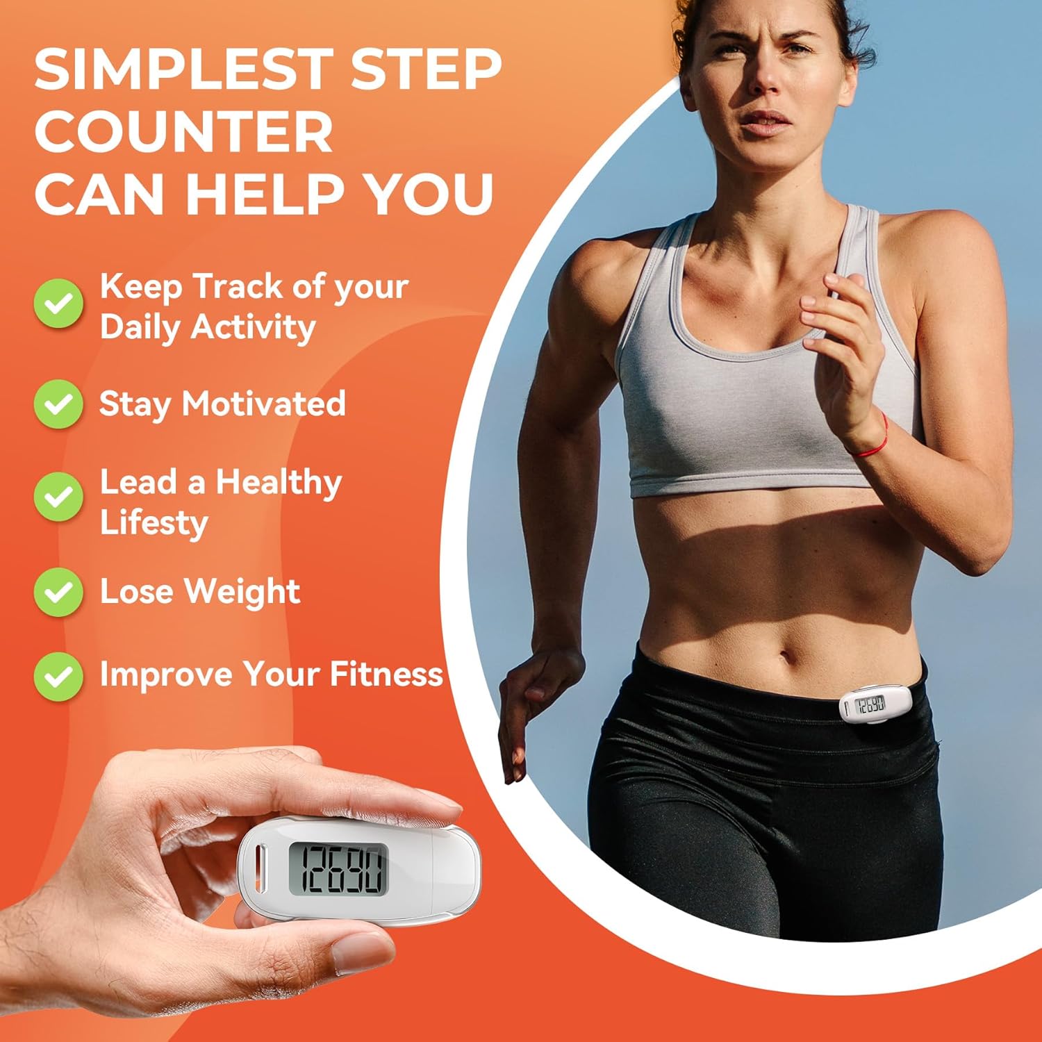3D Pedometer for Walking, Simple Walking Step Counter with Removable Clip and Strap, USB Rechargeable Step Tracker with Backlight, Accurate Step Counter for Men Women Seniors