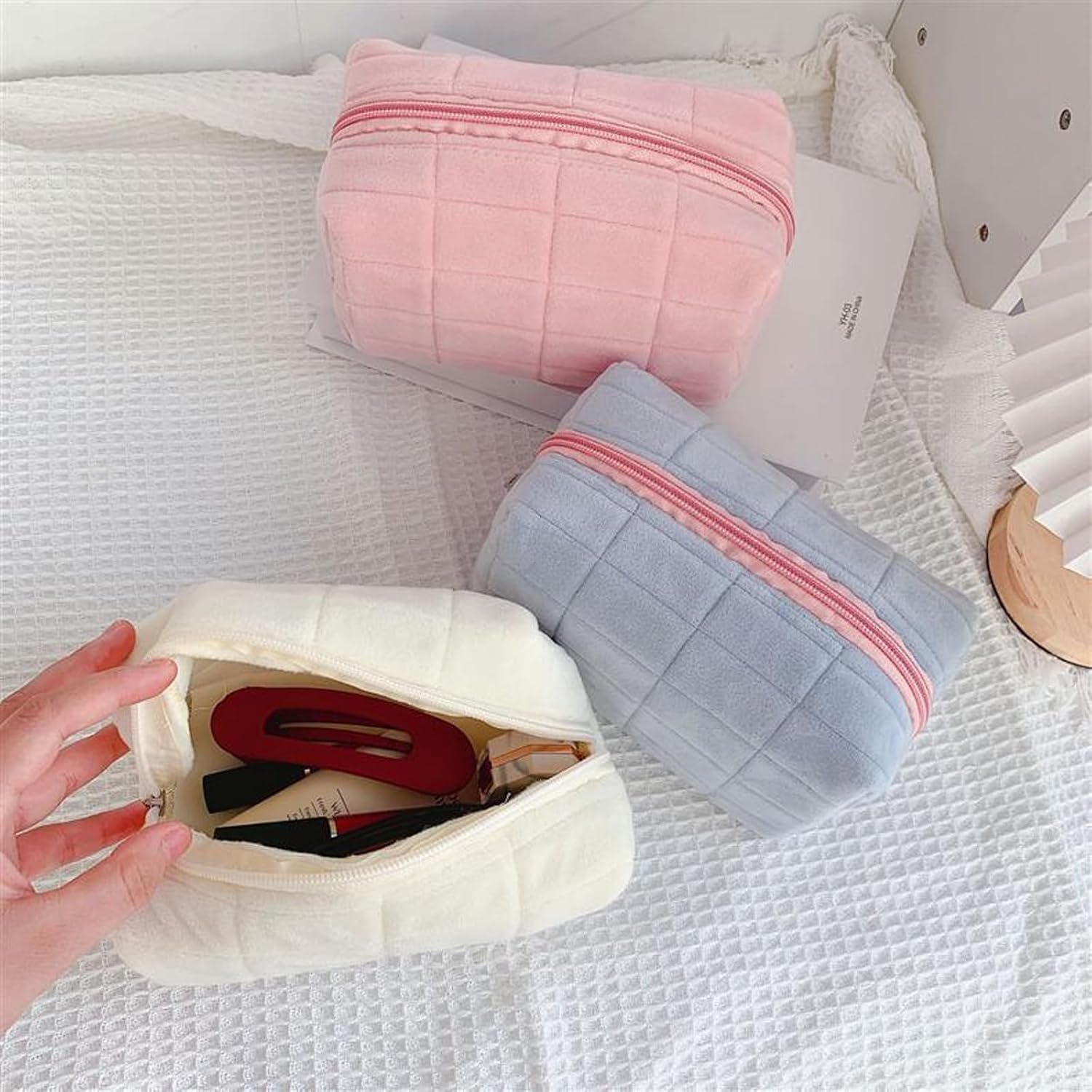 AMAZBEE 12 Pack Velvet Quilted Makeup Bags, Cosmetic Pouches with Zipper, Travel Toiletry Organizer Set for Women, Bulk Value Pack (White)
