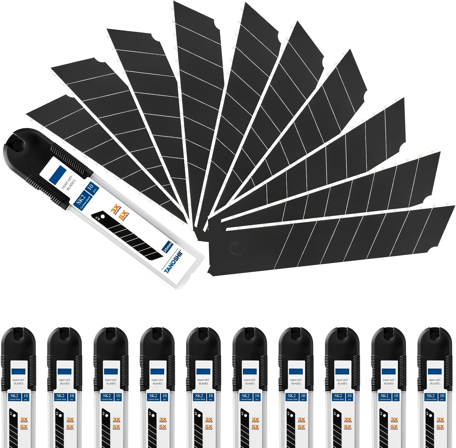 TANOSHII 25mm Utility Knife Blades, 100-Pack｜7-Segment Snap-Off｜ SK2 Blackened Steel｜Replacement Blades for Retractable Box Cutters, Multi-Purpose Cutting Tool Refills, 10pcs x 10c