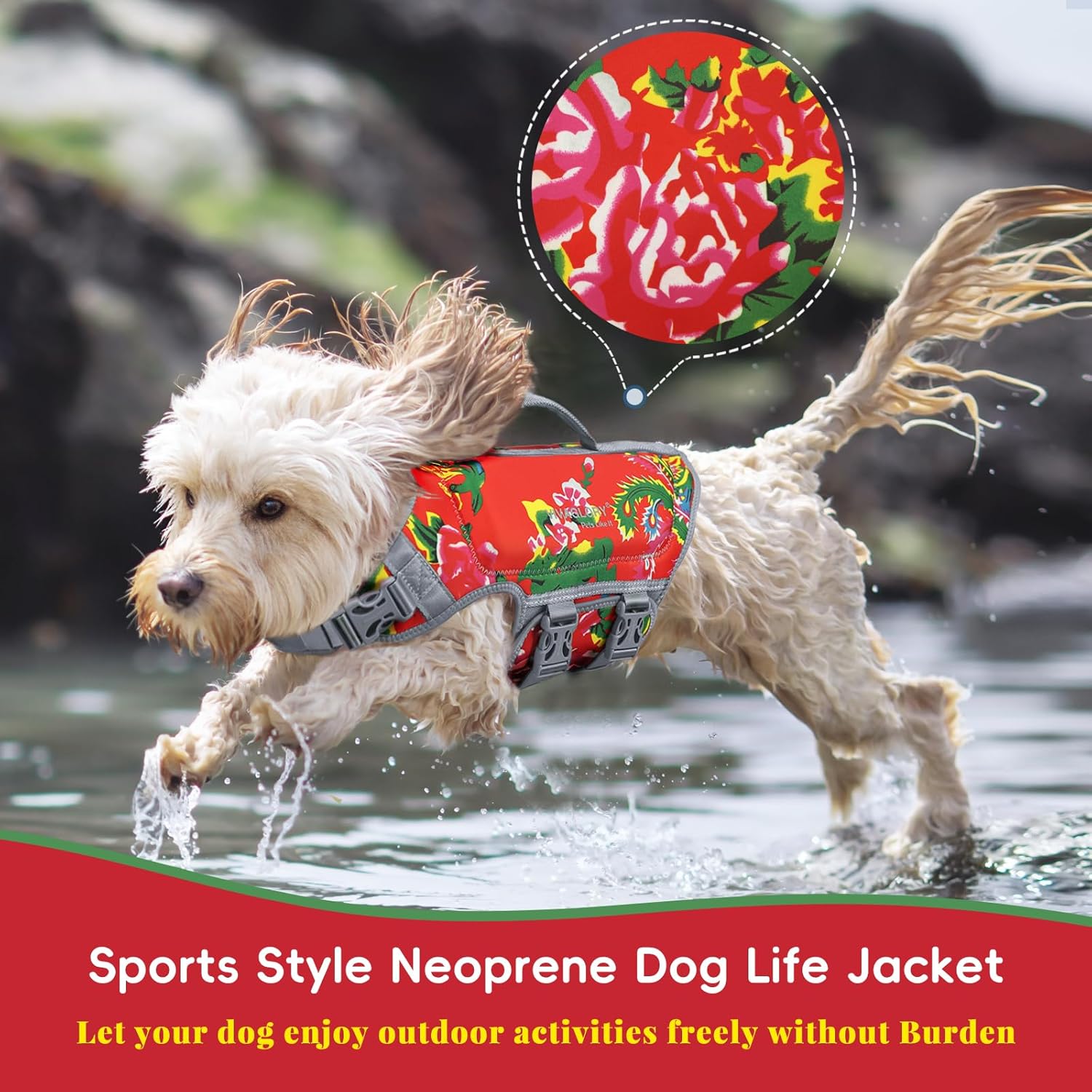 VIVAGLORY Lightweight Dog Life Jacket + Warm Dog Fleece Vest Jacket with Two-Way Zipper Opening, Neoprene Skin-Friendly, Northeast Florals