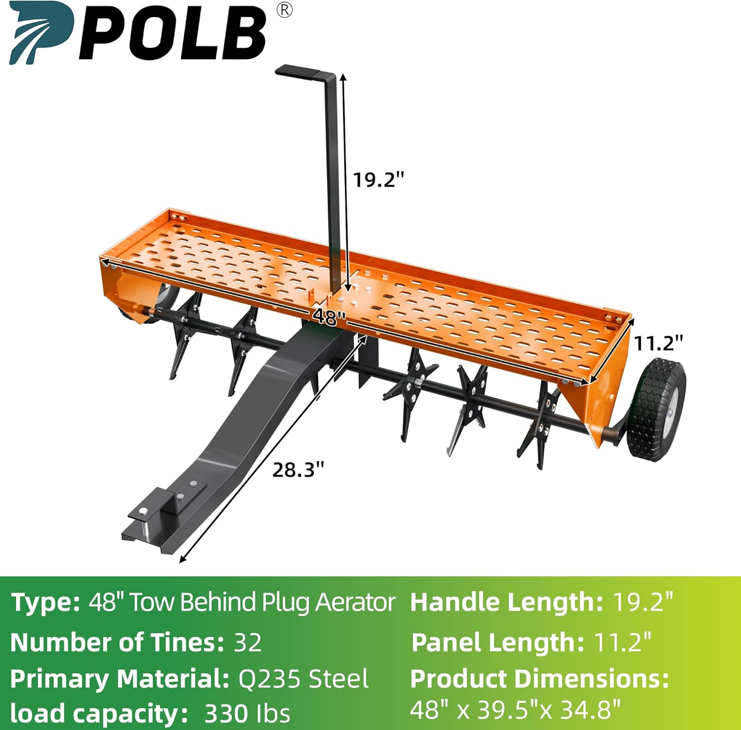 Dimensional drawing of the PPOLB 48-inch Tow-Behind Plug Aerator