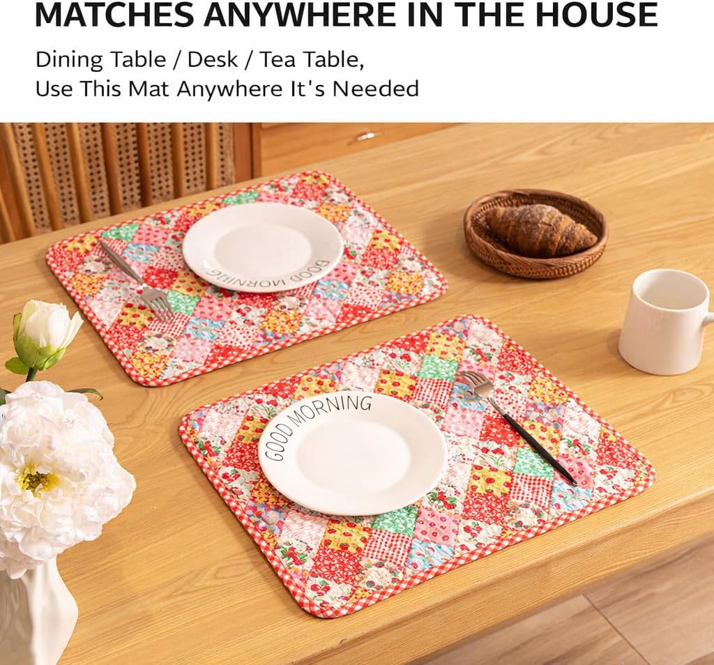 Patchwork Quilted Placemats Set of 4, 12X18Inches Reversible Washable Placemats for Kitchen Table, Rectangular Placemat (4, Patchwork Quilted Placemats)