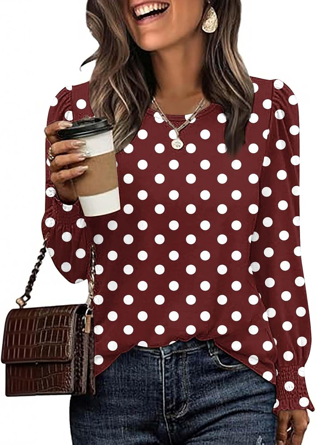 Long Sleeve Shirts for Womens Round Neck Smocked Cuffs Polka Point Work Tops Casual Summer Fall Loose Fit Outfits
