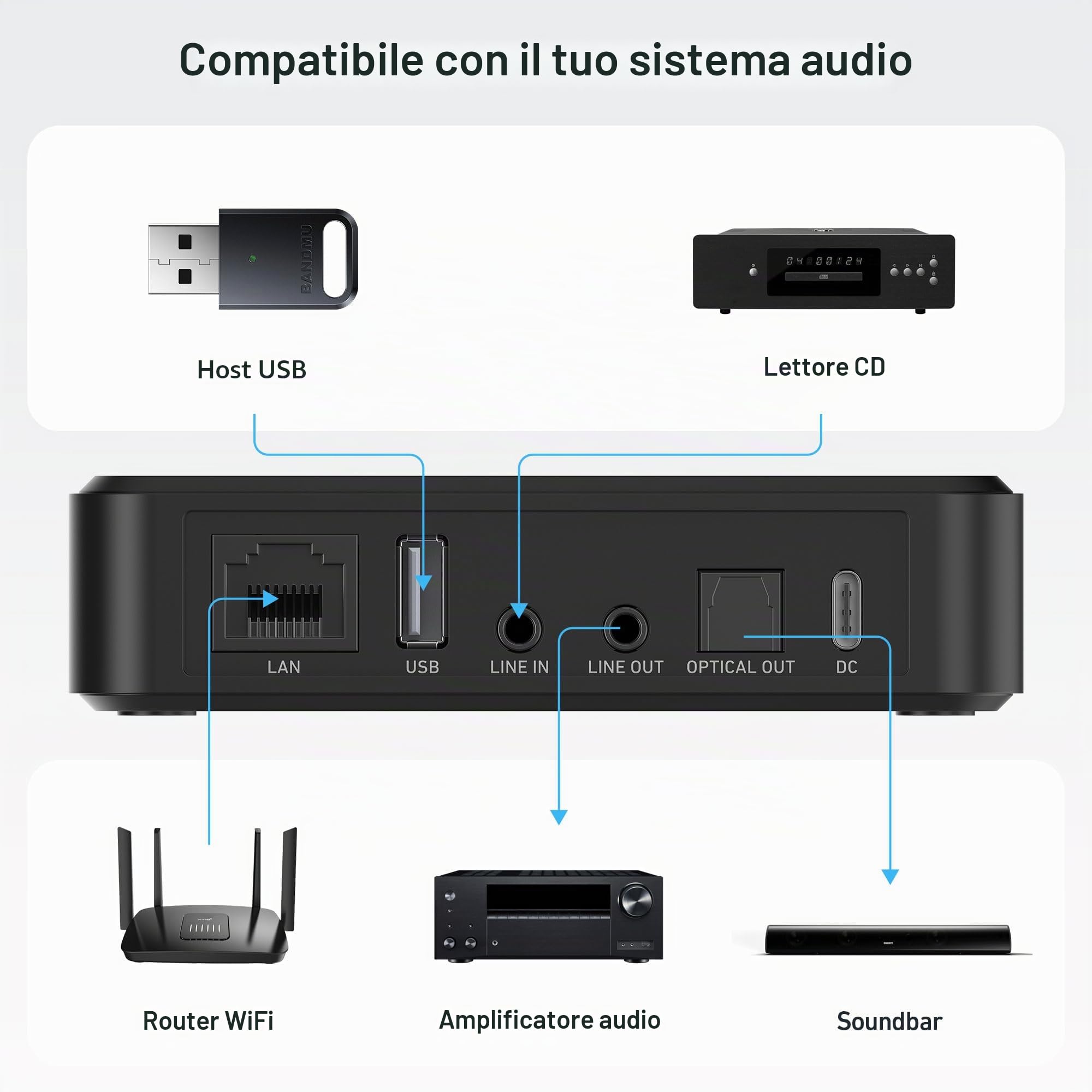Arylic LP10 - Streaming musicale wireless, supporta AirPlay 2, Spotify e Tidal - Offre molteplici opzioni di streaming, compatibile con Chromecast, WiFi e Bluetooth - Preamplificatore con App