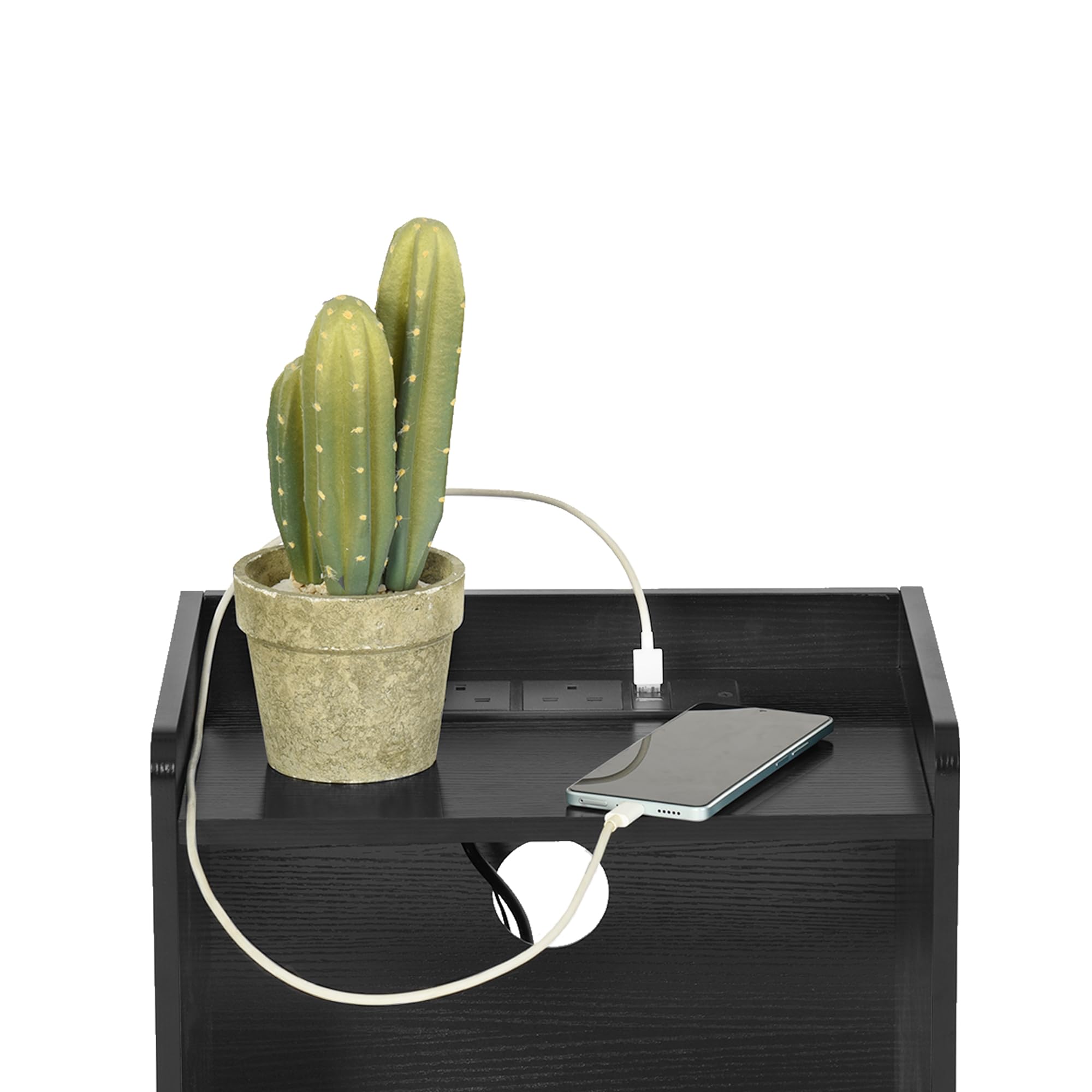 FurnitureR Table de Nuit avec Eclairage LED, Eclairage Ambiant Multicolore, Rangement à Deux Tiroirs, Armoire Compacte pour Chambre à Coucher avec Station de Chargement USB, MDF Noir, 38 x 26 x 56cm