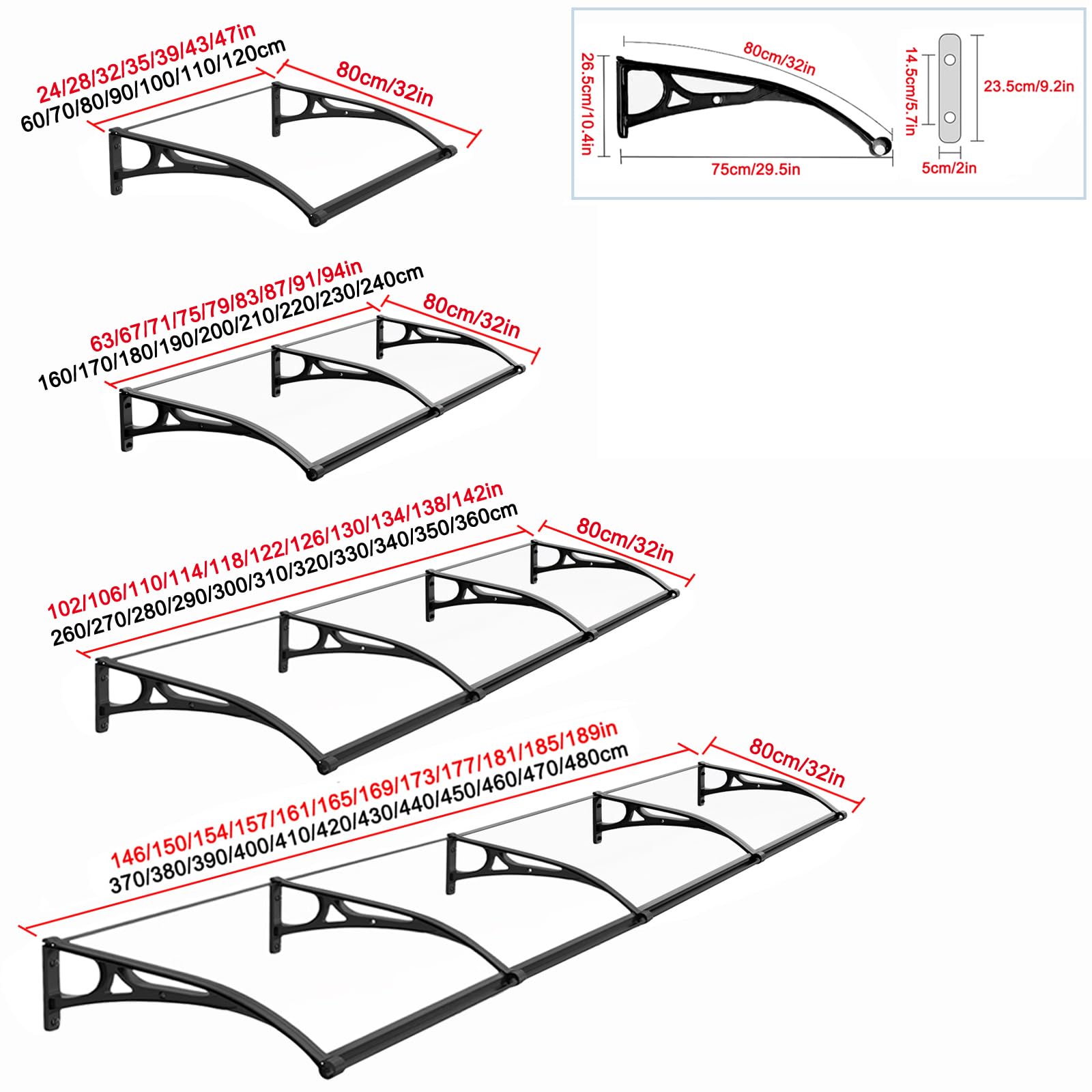 Tettoia Pensilina ad Arco,Pensilina da Esterno,Tettoia per Porta Silenziose,Copertura in Policarbonato con Protezione UV,Pensilina Copriport,con Staffa in Alluminio (80x220cm/32"x87",C)