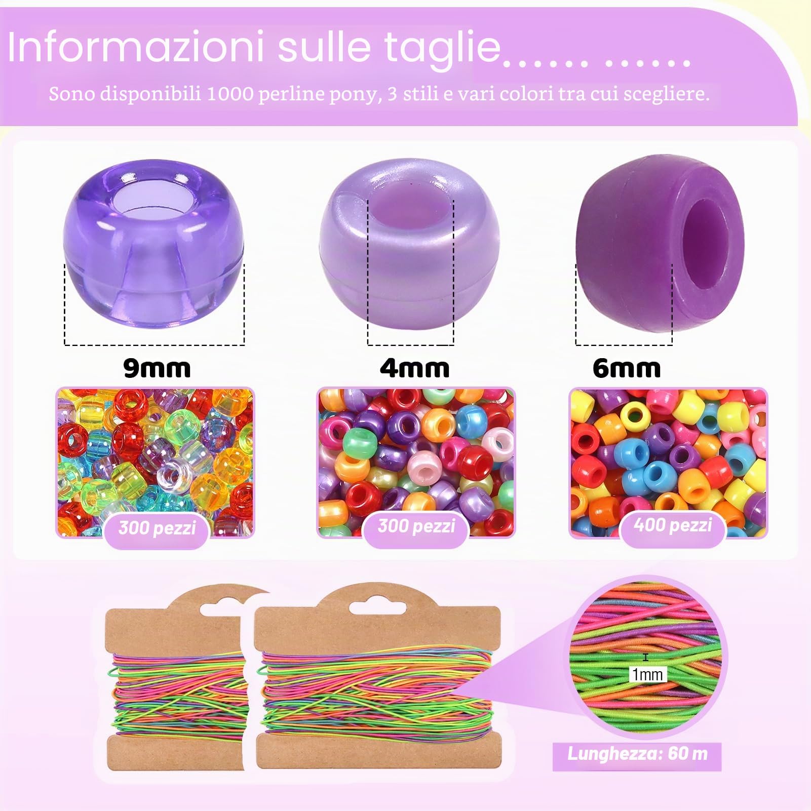 TOAOB 1000 Pezzi Perline Colorate in Acrilico Pony Beads 6x9mm | 3 stili, Perline con Foro Grande e 60 Metri Linea Elastica per Braccialetti Bigiotteria Collane Gioielli Fai Da Te
