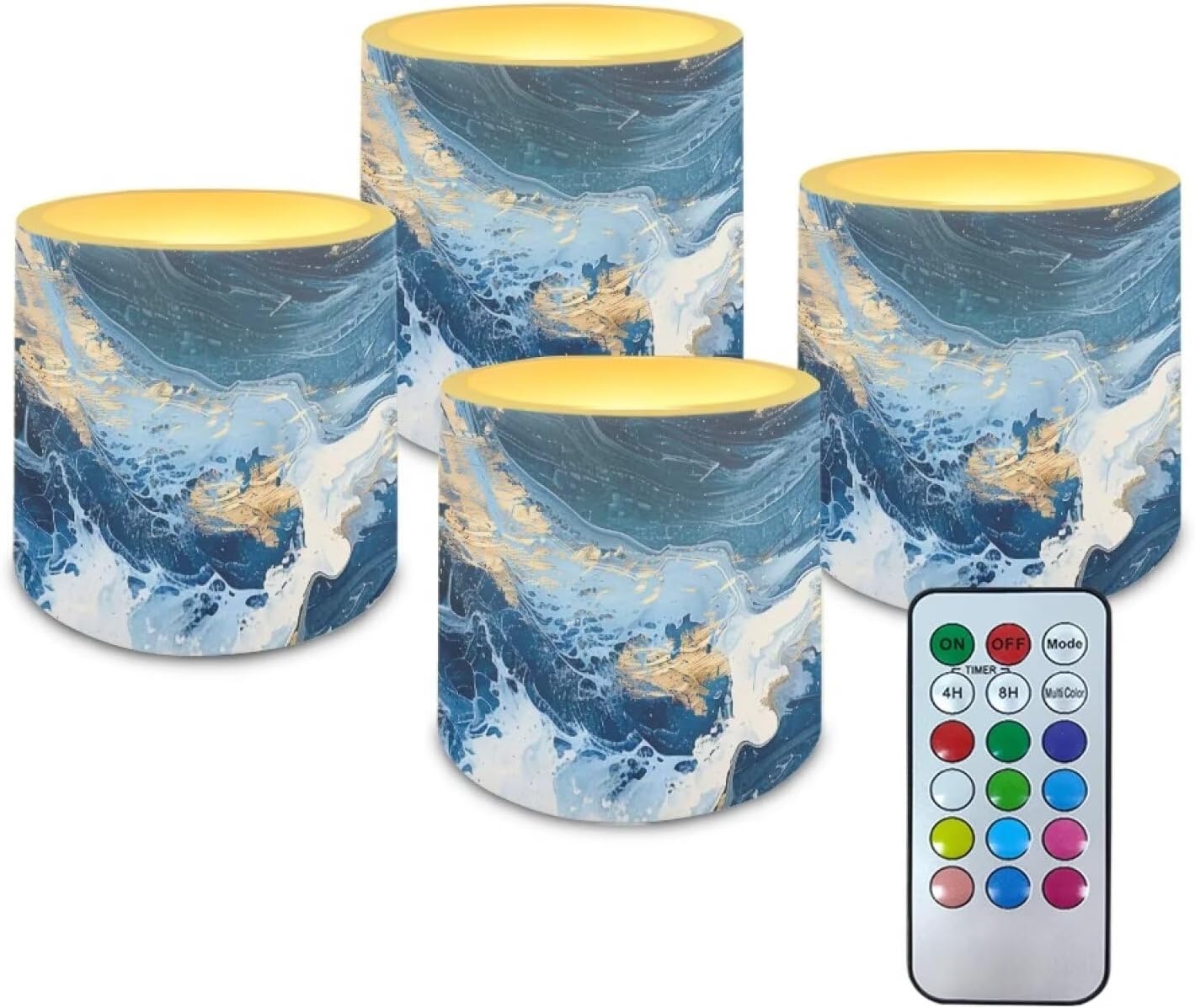 4 Packs Decorative Flameless Candles 3 inch LED Pillar Candles with Remote Timer Control Battery Operated Color Changing Candles Blue Marble Print